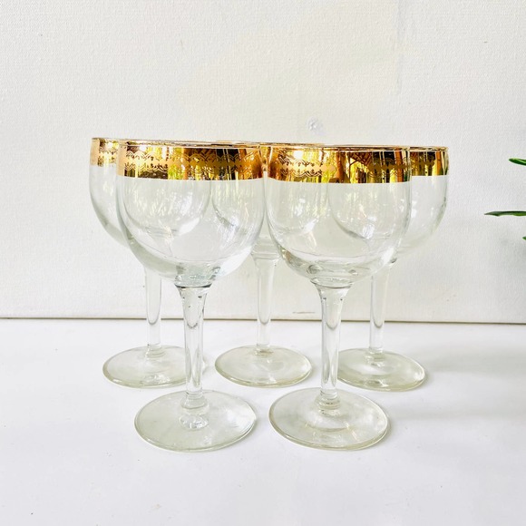 🐚SOLD🐚RARE Culver 22K Mid Century Stemmed Wine Glasses with a Gold and Aqua - Picture 3 of 9